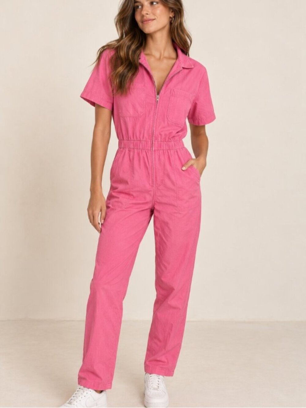 Smash + Tess Pink Utility Jumpsuit Size S Short Sleeve Zip Front Romper 0755